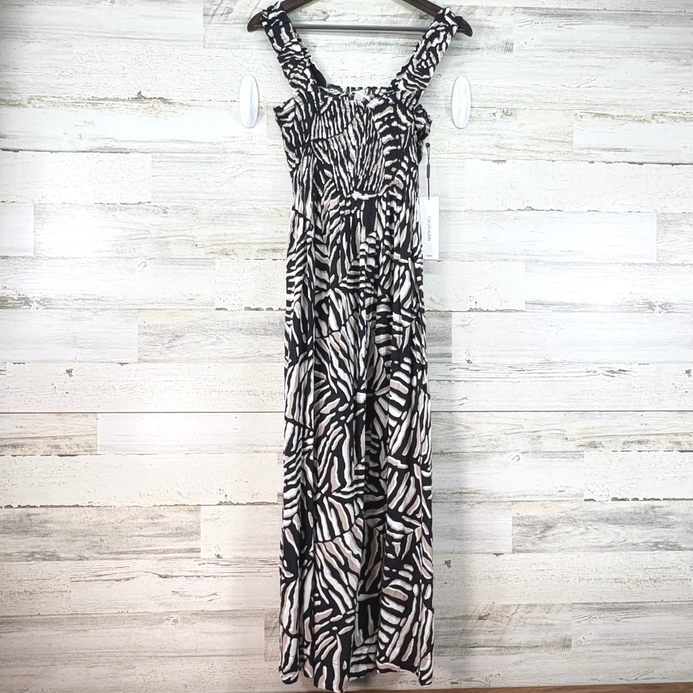 Calvin Klein Womens Smocked Maxi Dress Black White Zebra Leaf Print Size 2 Boho
